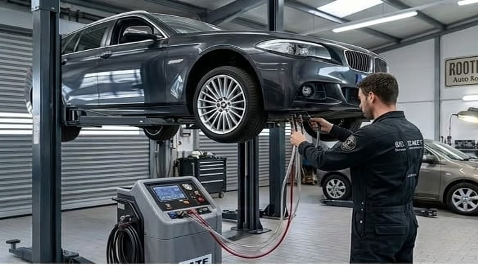 A BMW on the lift in Bay 03 at Rootes Motors